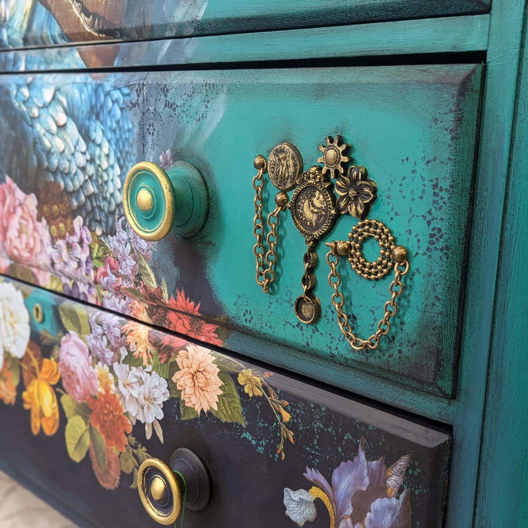 Fantasy Dragon Mythical Beast Hand-Painted Teal Floral Art Locker