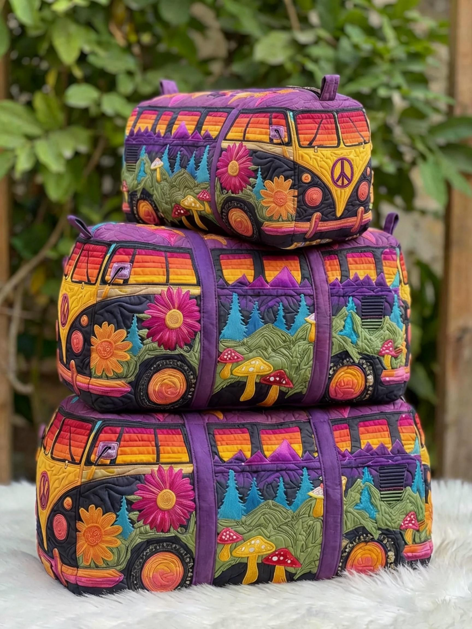 Hippie Van Flower Cotton Quilted Cosmetic Bag