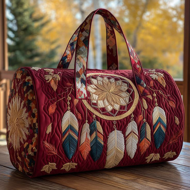 Bohemian Dreamcatcher Embroidered Deep Red Quilted Cotton Duffel Bag