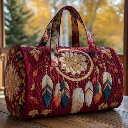 Bohemian Dreamcatcher Embroidered Deep Red Quilted Cotton Duffel Bag