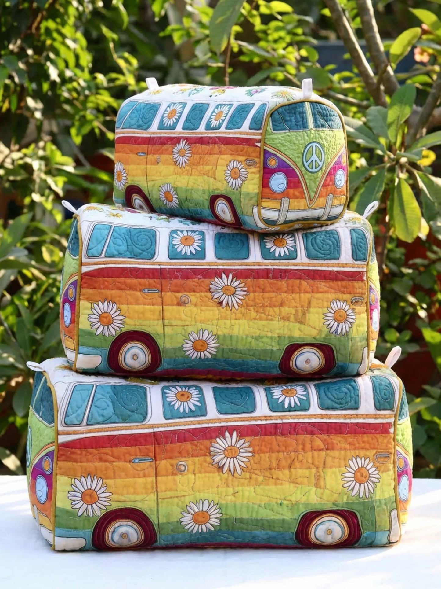 Hippie Van Rainbow Flower Cotton Quilted Cosmetic Bag