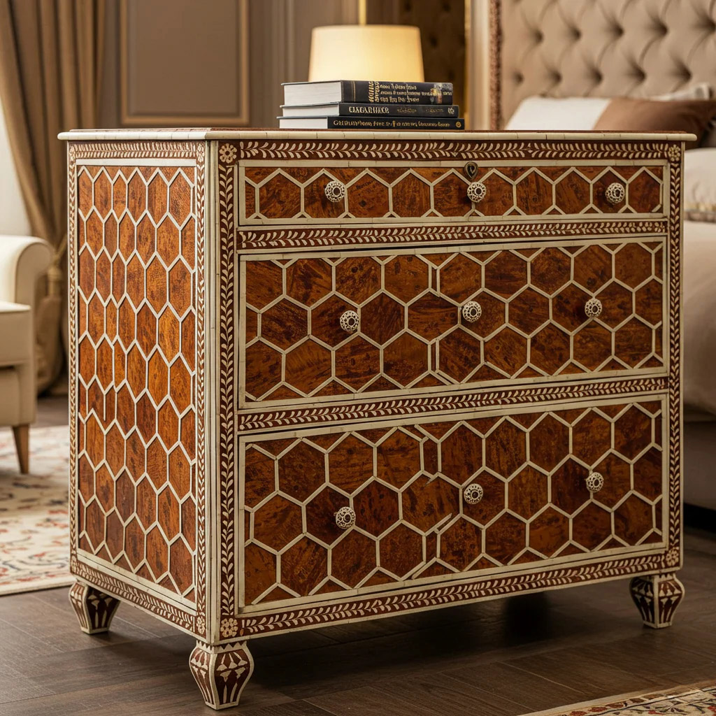 Vintage Hexagon Pattern Wooden Chest of Drawers | Luxury Handmade Dresser