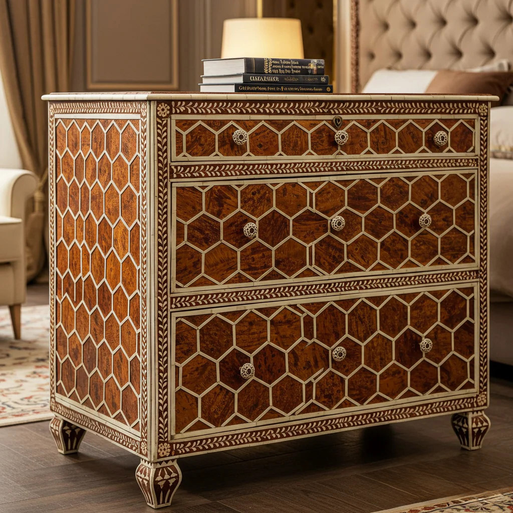 Vintage Hexagon Pattern Wooden Chest of Drawers | Luxury Handmade Dresser