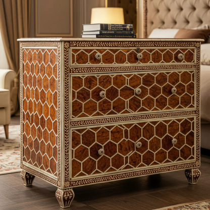 Vintage Hexagon Pattern Wooden Chest of Drawers | Luxury Handmade Dresser