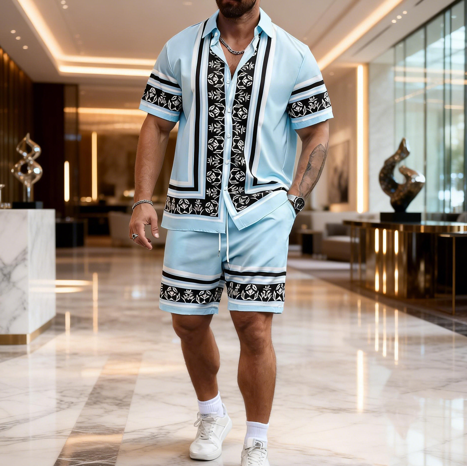 Men's Luxury Baroque Floral Shirt and Shorts Two-Piece Set