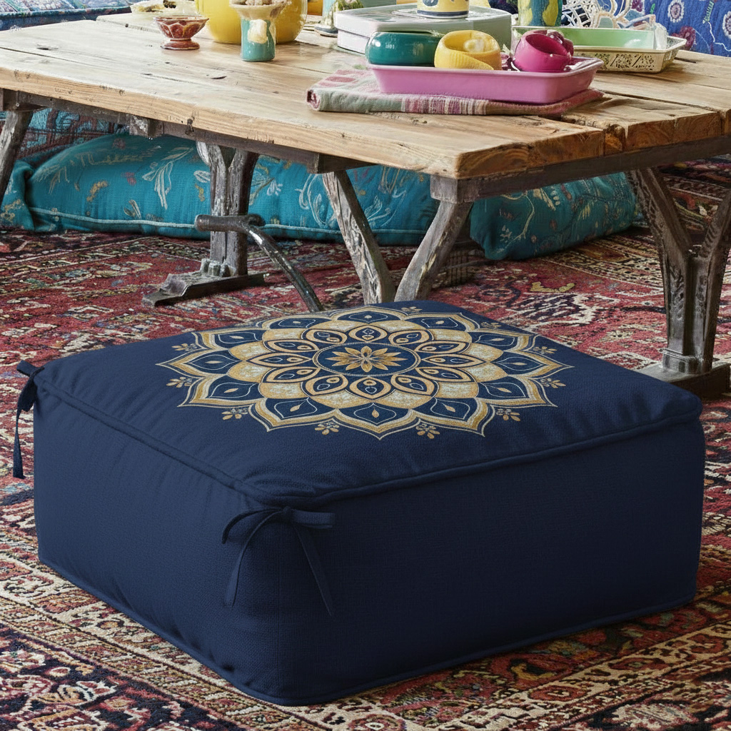 Bohemian Navy Blue Gold Mandala Print Square Floor Pouf Cushion