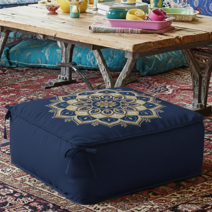 Bohemian Navy Blue Gold Mandala Print Square Floor Pouf Cushion