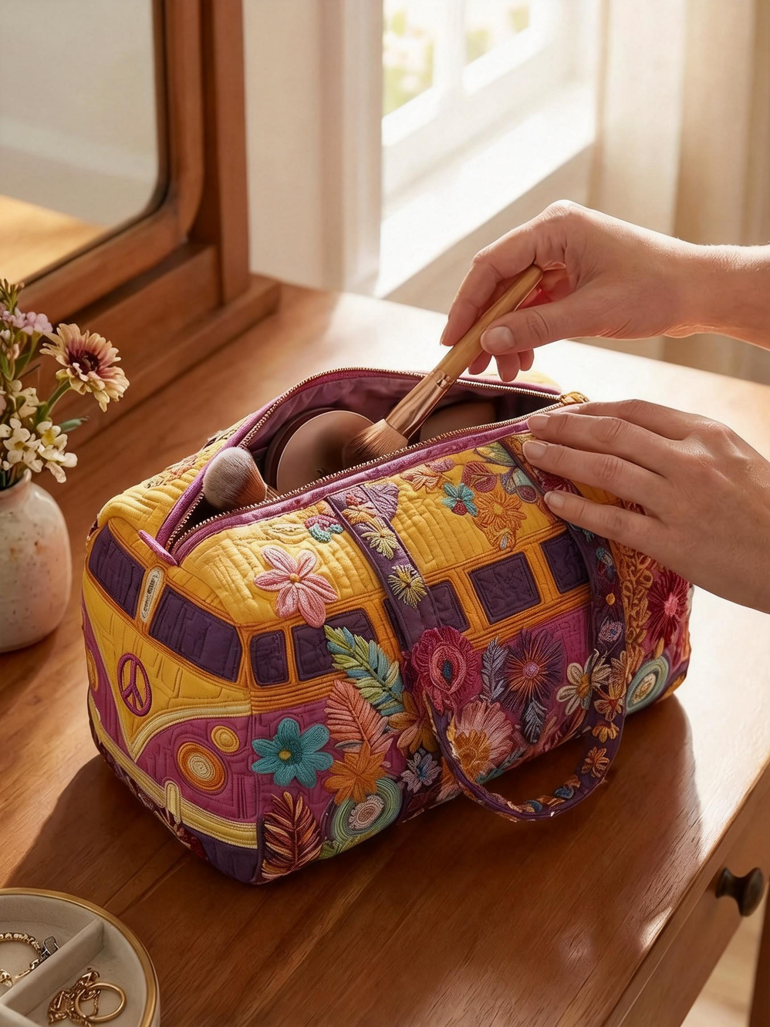Hippie Van Flower Cotton Quilted Cosmetic Bag