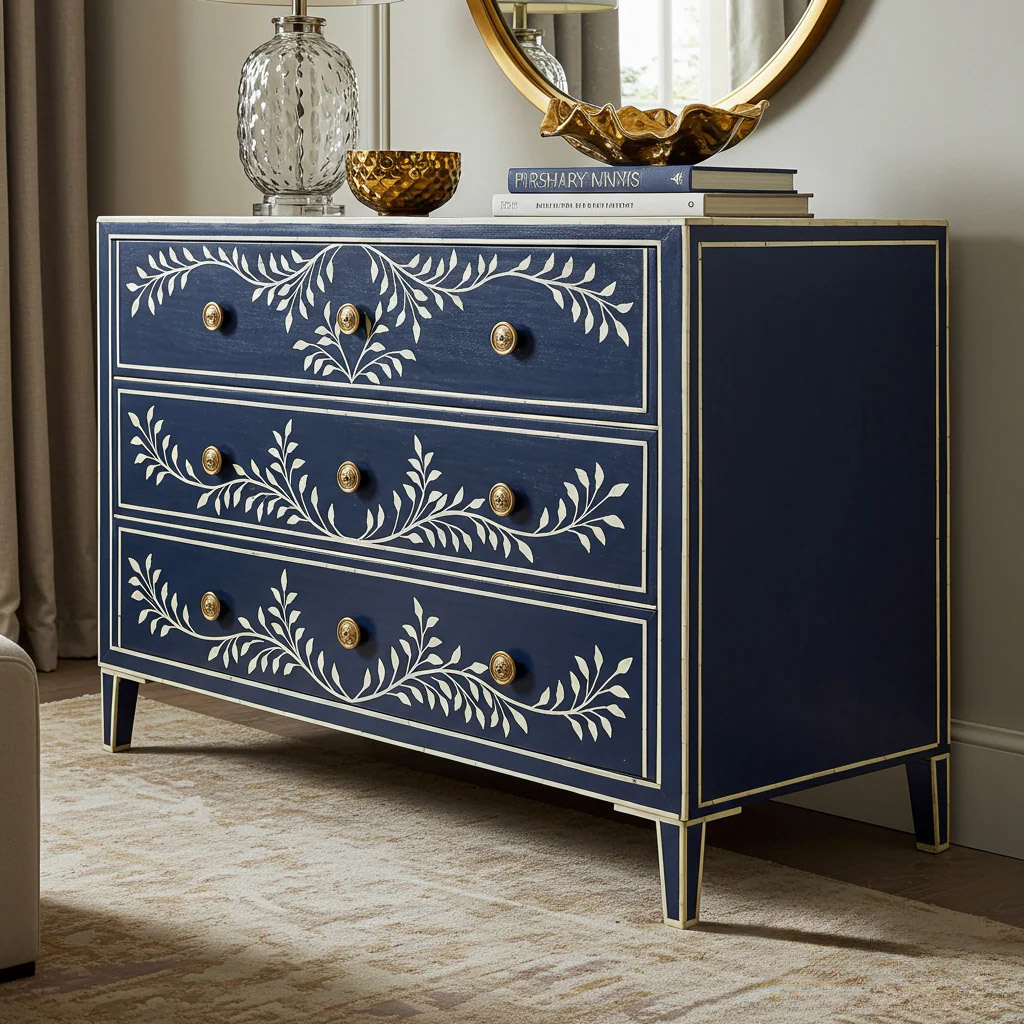 Navy Blue Floral Hand-Painted Three Drawer Dresser | Luxury Handmade Dresser