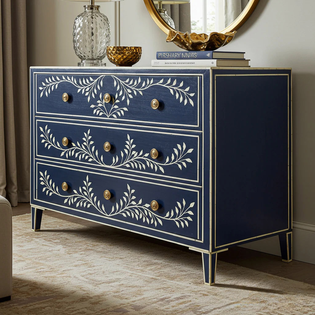 Navy Blue Floral Hand-Painted Three Drawer Dresser | Luxury Handmade Dresser