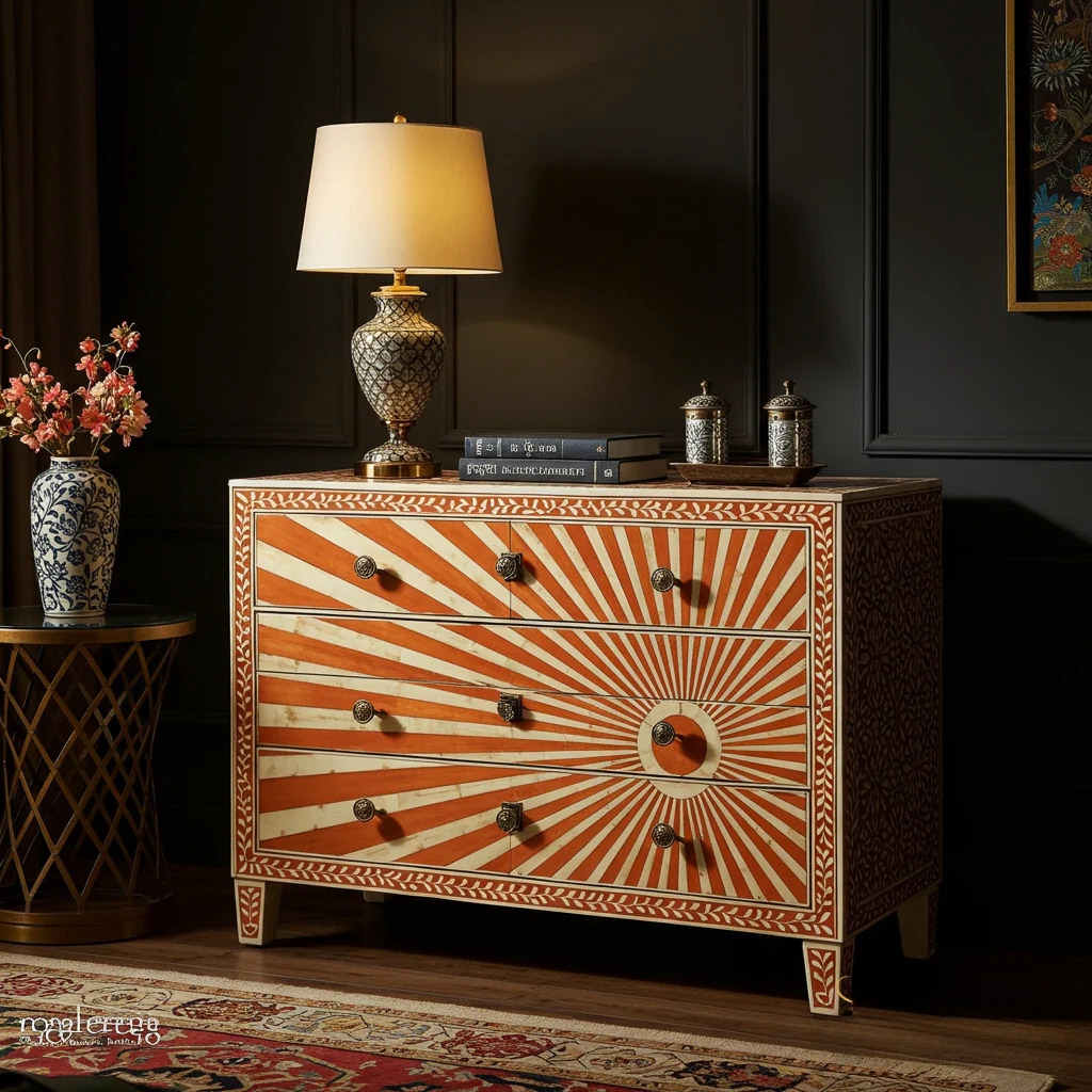Sunburst Pattern Hand-Painted Chest of Drawers | Luxury Handmade Dresser