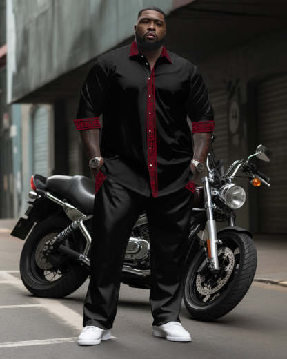 Men's Plus Size Simple Contrast Long Sleeve Lapel Shirt 2-Piece Set