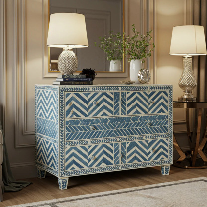 Hand-Painted Blue and White Patterned Chest of Drawers | Luxury Handmade Dresser