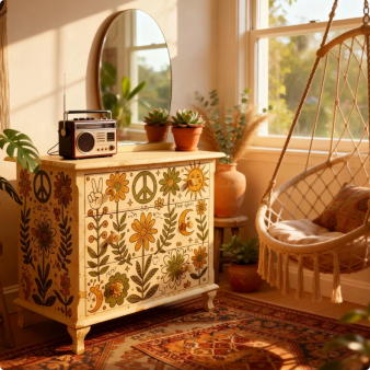 Hippie Retro Sunflower Print Three Drawer Wooden Bedroom Storage Locker