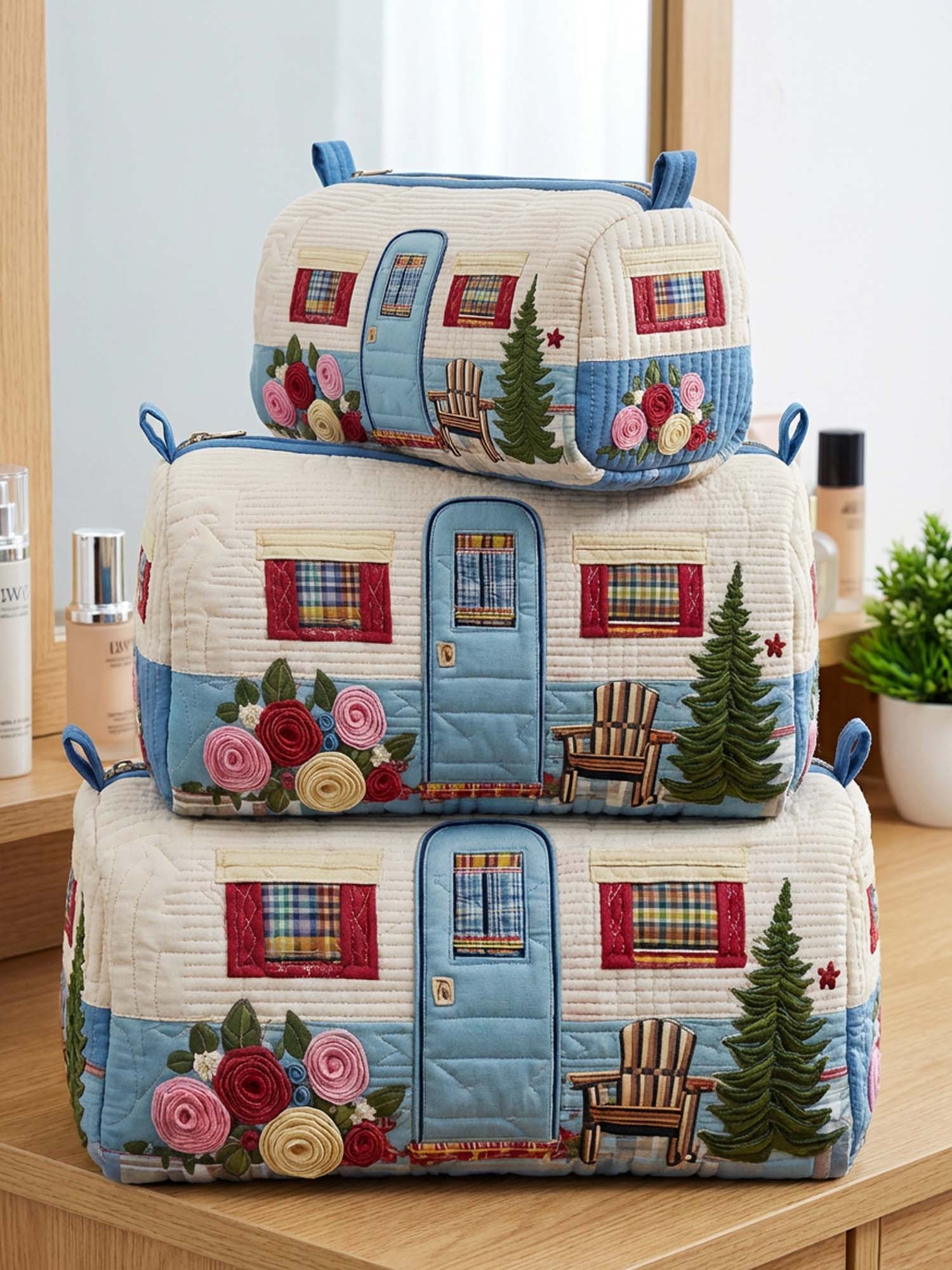 Camping Trailer Cotton Quilted Cosmetic Bag