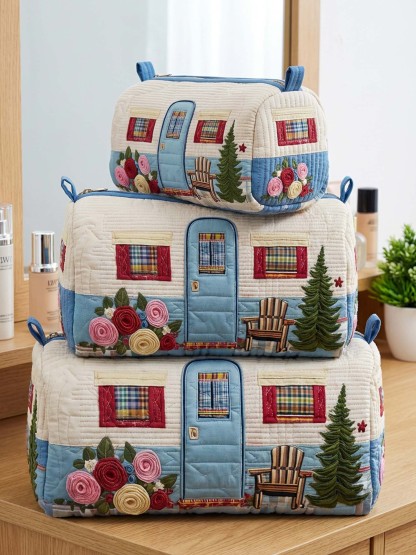 Camping Trailer Cotton Quilted Cosmetic Bag