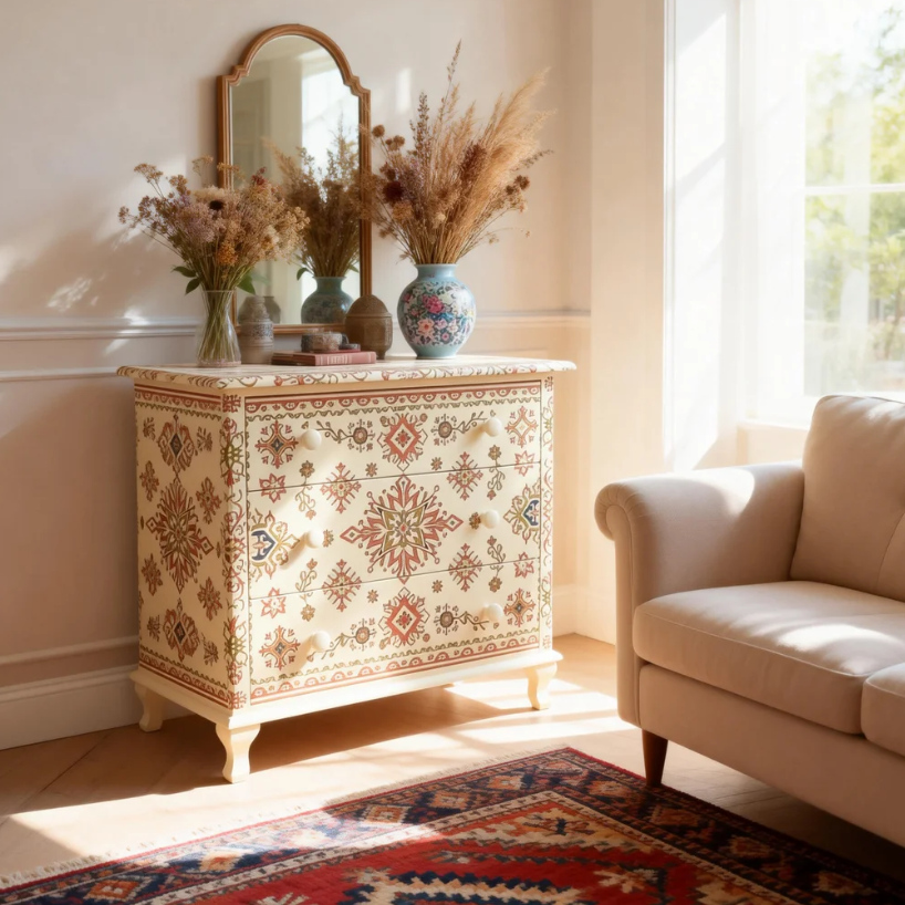 Bohemian Floral Hand-Painted Cream Wood Three Drawer Storage Locker