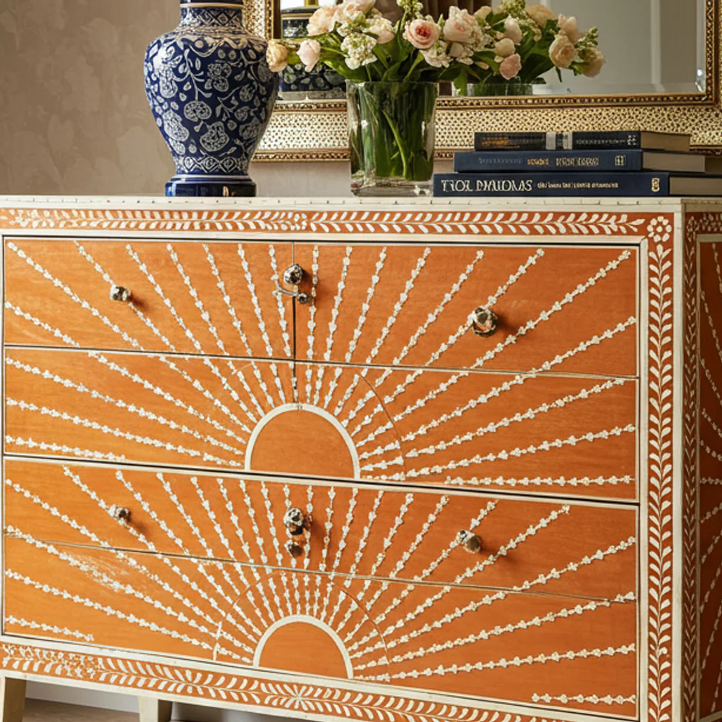 Sunburst Pattern Wooden Chest of Drawers | Luxury Handmade Dresser