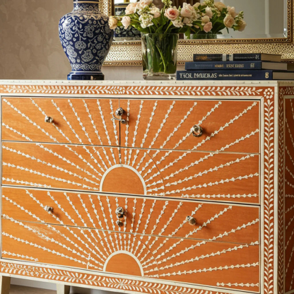 Sunburst Pattern Wooden Chest of Drawers | Luxury Handmade Dresser