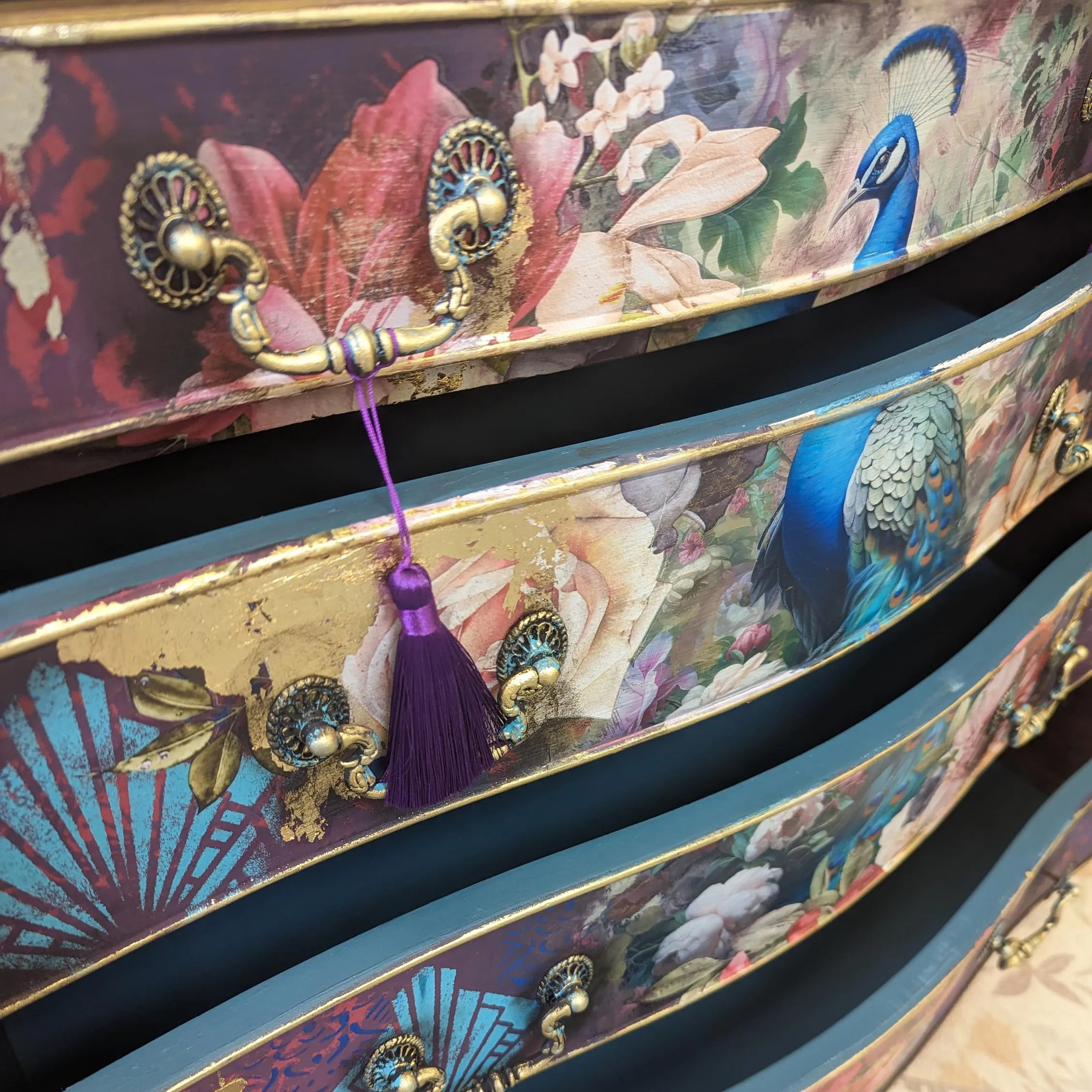 Maximalist Bohemian Peacock Floral Art Hand Painted Storage Locker