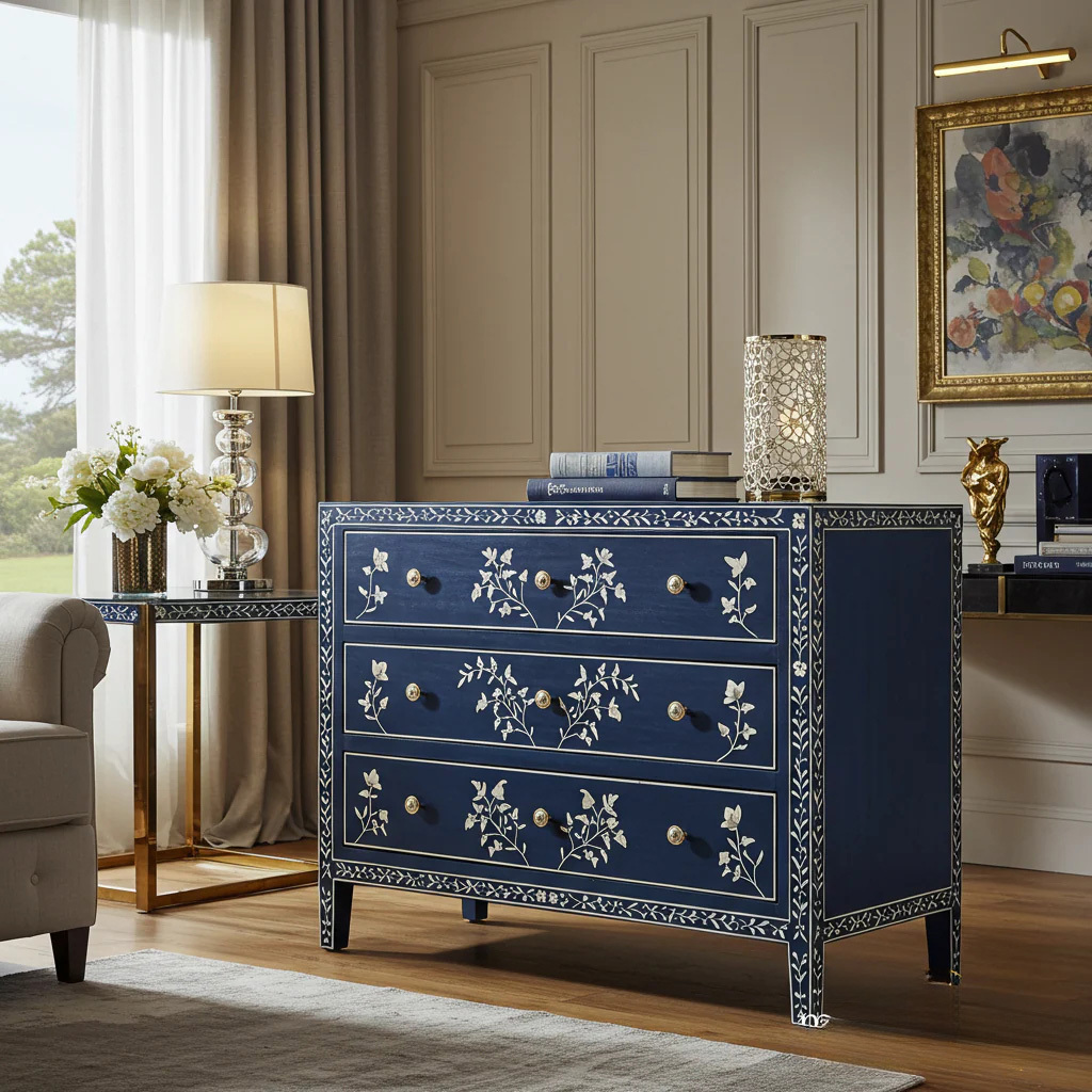 Navy Blue Floral Inlay Three-Drawer Dresser | Luxury Handmade Chest of Drawer