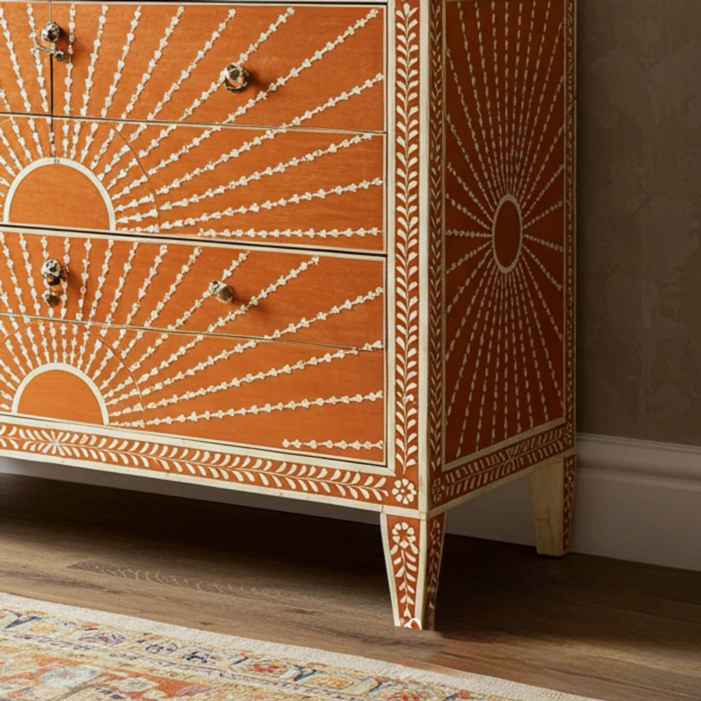 Sunburst Pattern Wooden Chest of Drawers | Luxury Handmade Dresser