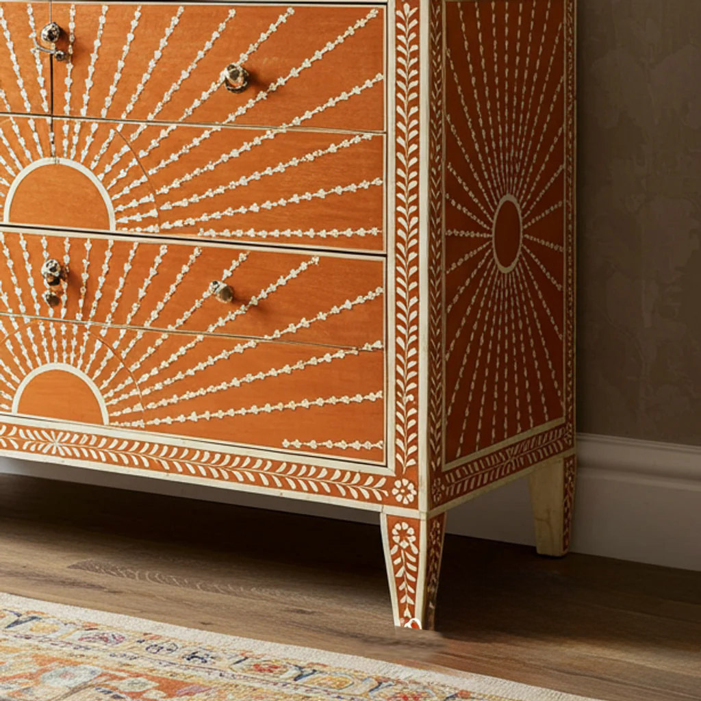 Sunburst Pattern Wooden Chest of Drawers | Luxury Handmade Dresser
