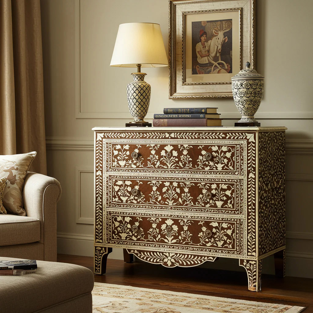 Handcrafted Floral Inlaid Wooden Chest of Drawers | Luxury Handmade Dresser