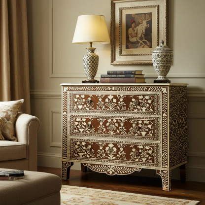 Handcrafted Floral Inlaid Wooden Chest of Drawers | Luxury Handmade Dresser