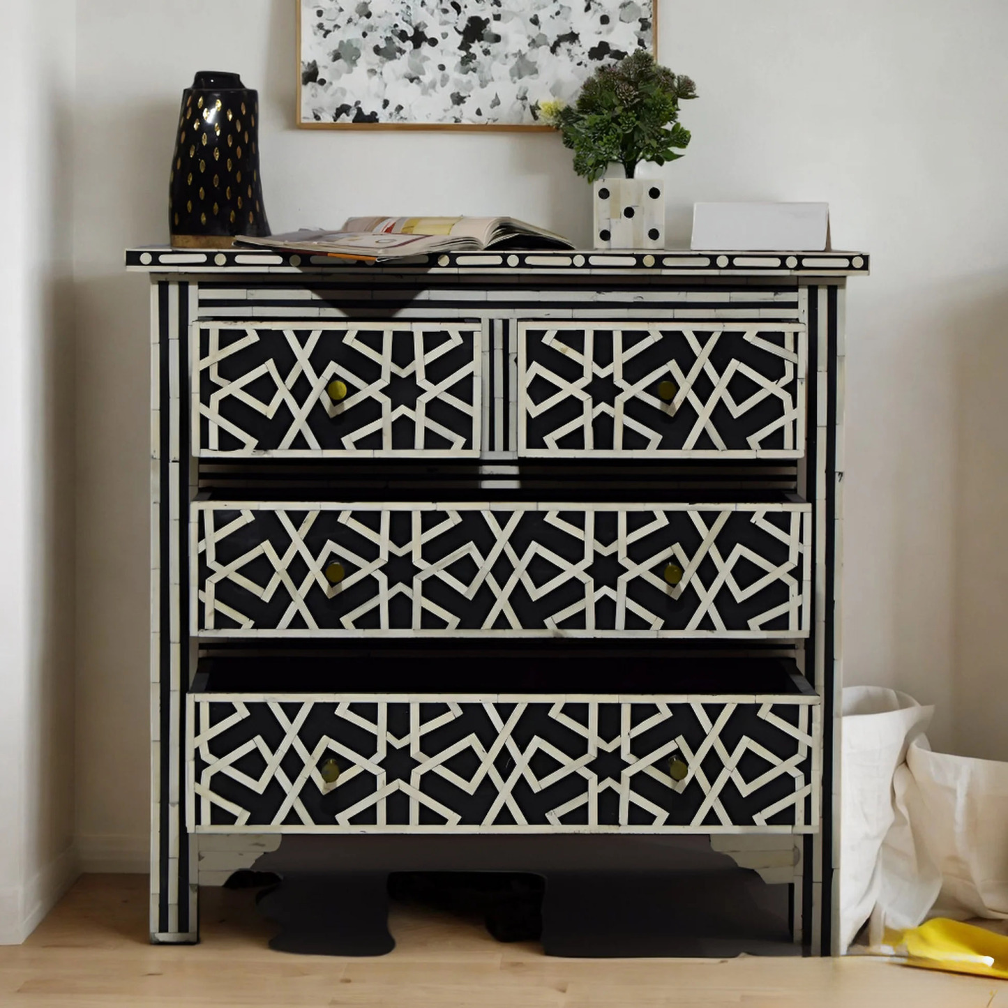 Handmade Bone inlay 7 Drawer dresser Black and White | Luxury Handmade Dresser