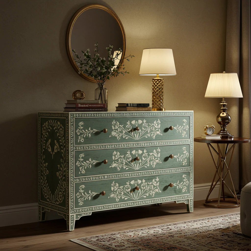 Vintage Floral Patterned Wooden Chest of Drawers | Luxury Handmade Dresser