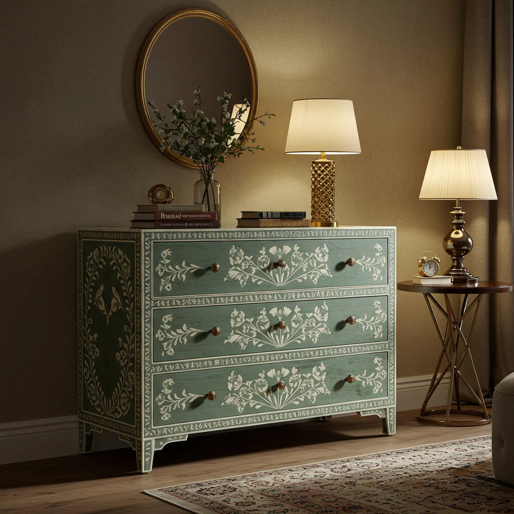 Vintage Floral Patterned Wooden Chest of Drawers | Luxury Handmade Dresser