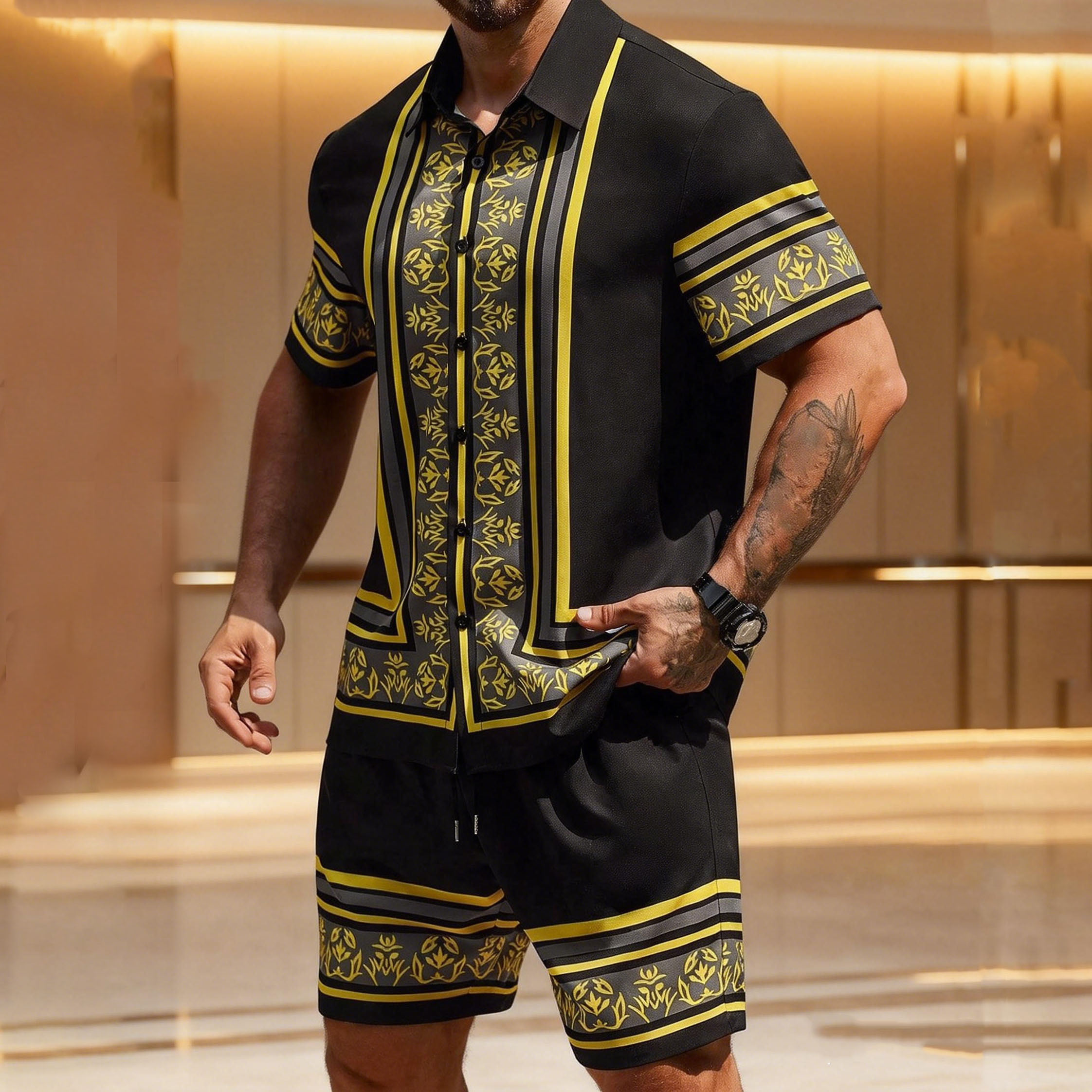 Men's Luxury Baroque Floral Shirt and Shorts Two-Piece Set
