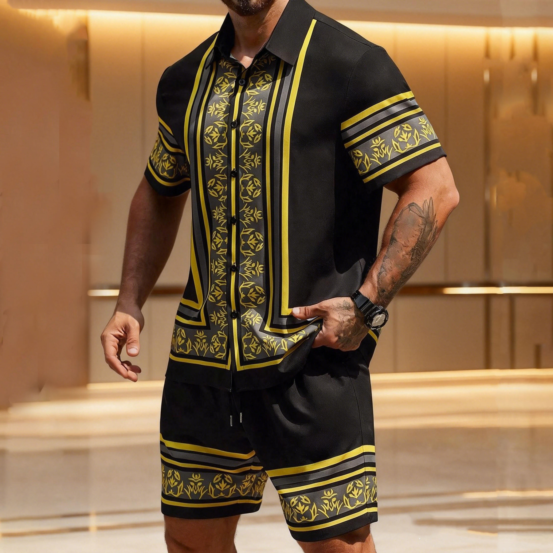 Men's Luxury Baroque Floral Shirt and Shorts Two-Piece Set