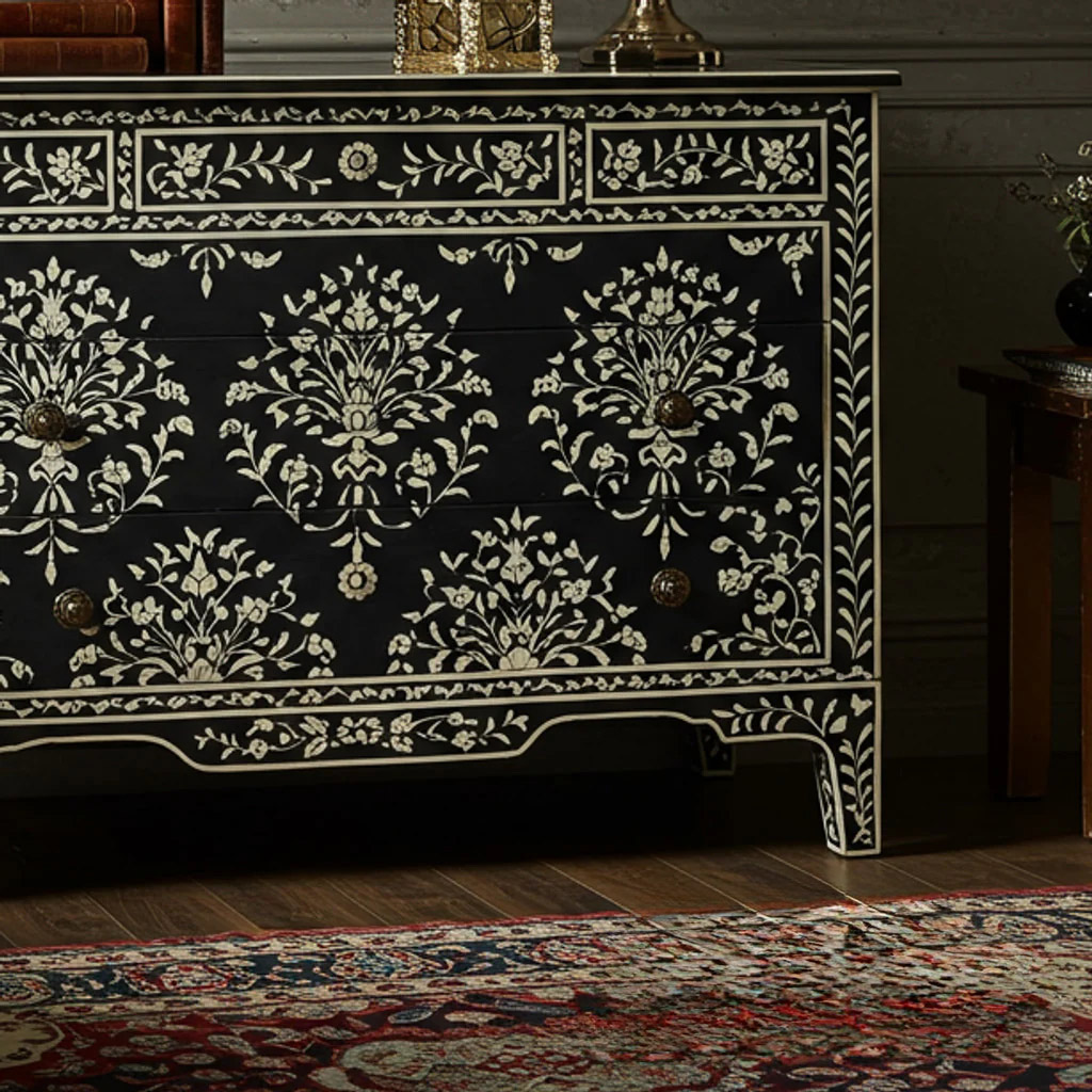 Handcrafted Black Bone Inlay Floral Dresser | Luxury Handmade Dresser