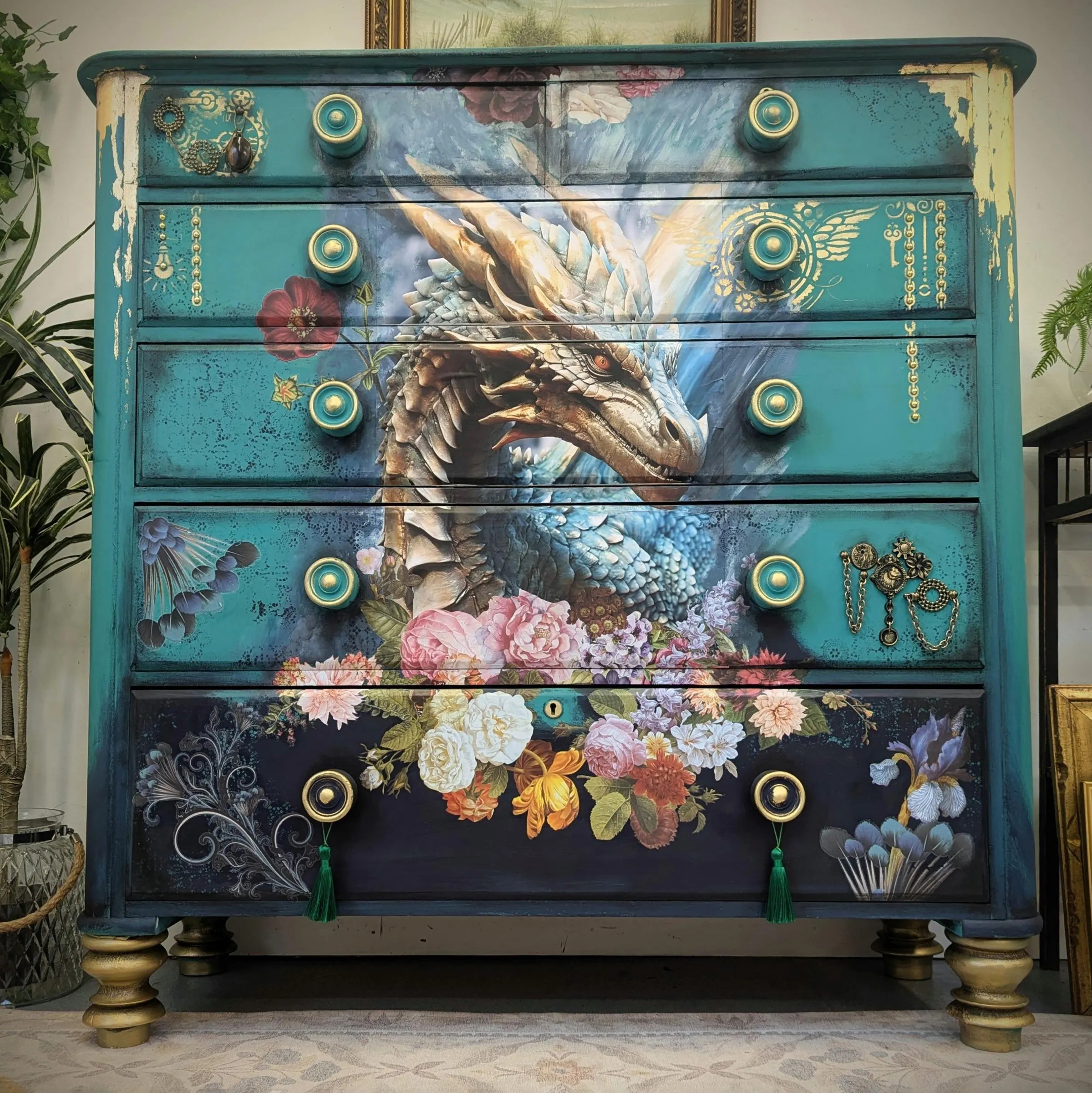 Fantasy Dragon Mythical Beast Hand-Painted Teal Floral Art Locker