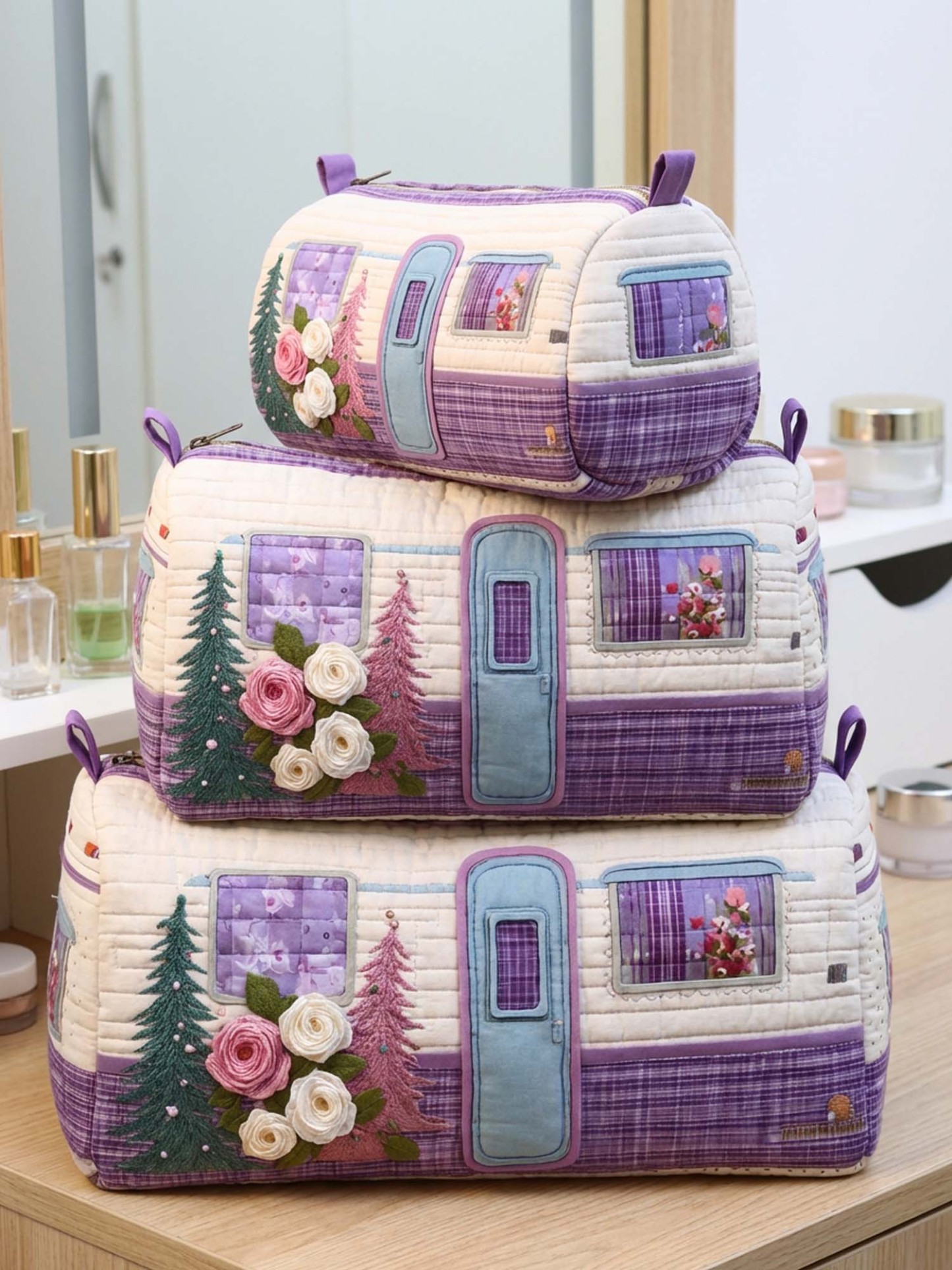 Camping Trailer Cotton Quilted Cosmetic Bag