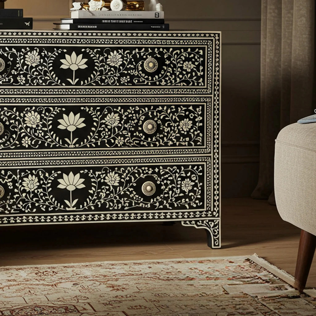 Hand-Painted Floral Bone Inlay Dresser Chest | Luxury Handmade Dresser