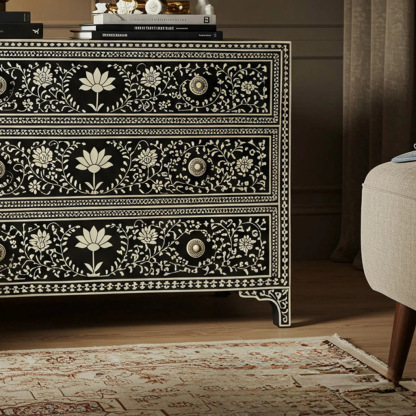 Hand-Painted Floral Bone Inlay Dresser Chest | Luxury Handmade Dresser