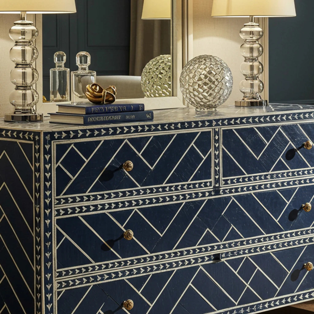 Navy Blue Geometric Pattern Chest of Drawers | Luxury Handmade Dresser