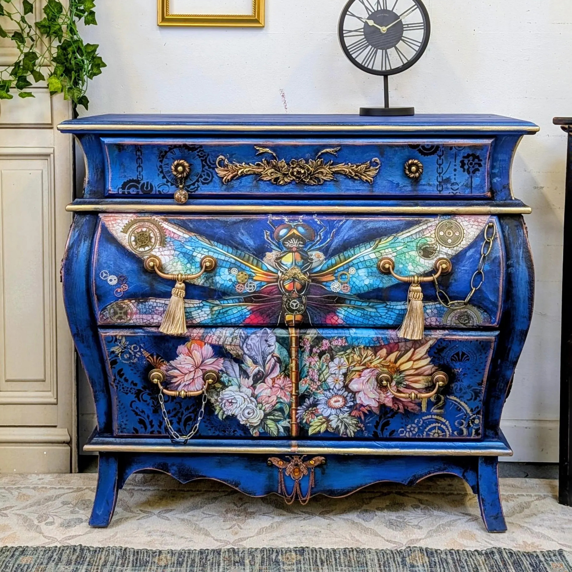 Bohemian Vintage Electric Blue Winged Insect Botanical Motif Locker