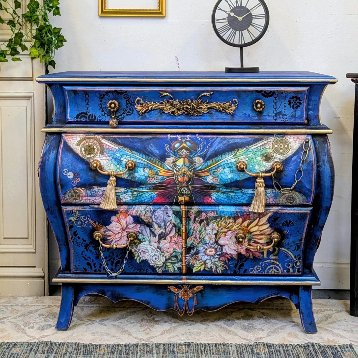 Bohemian Vintage Electric Blue Winged Insect Botanical Motif Locker