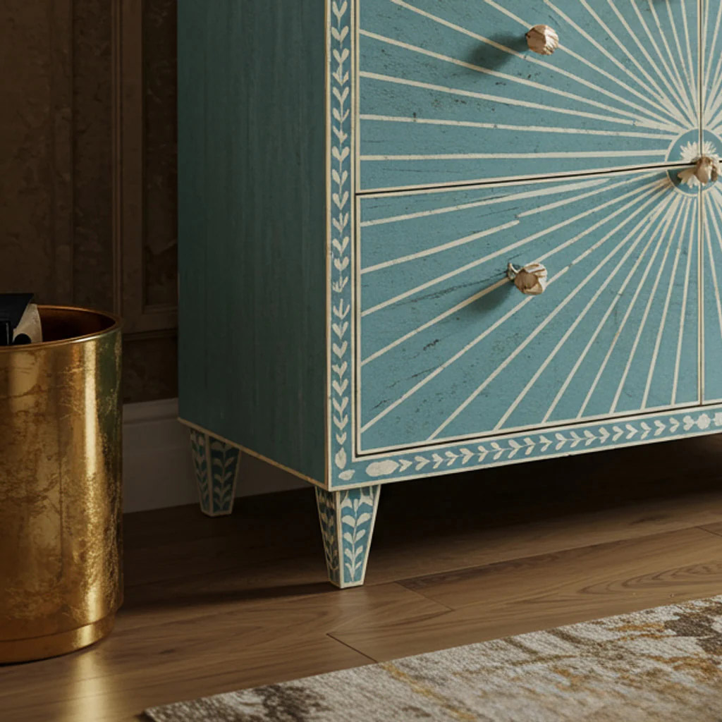 Sunburst Pattern Blue Dresser with Gold Accents | Luxury Handmade Dresser