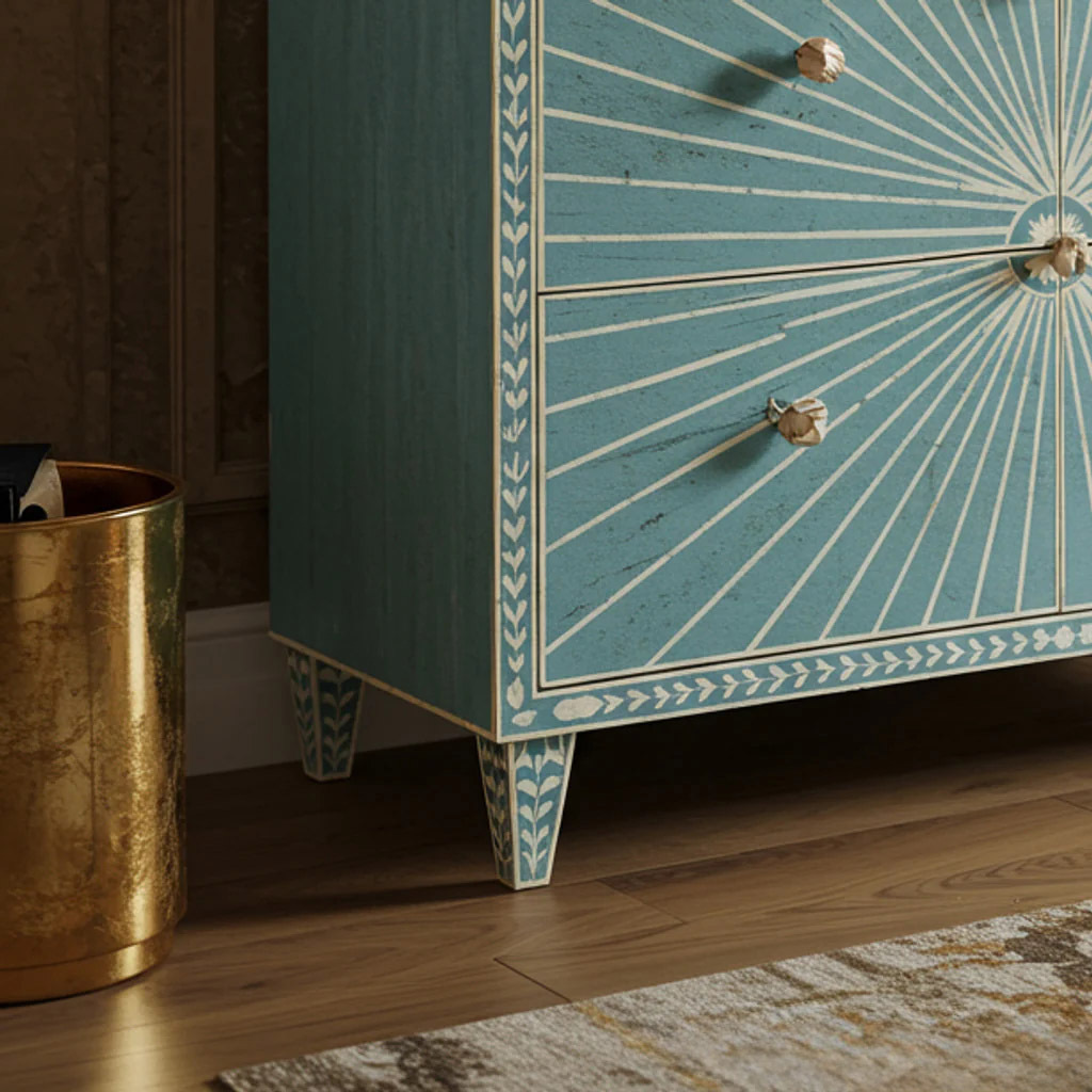 Sunburst Pattern Blue Dresser with Gold Accents | Luxury Handmade Dresser