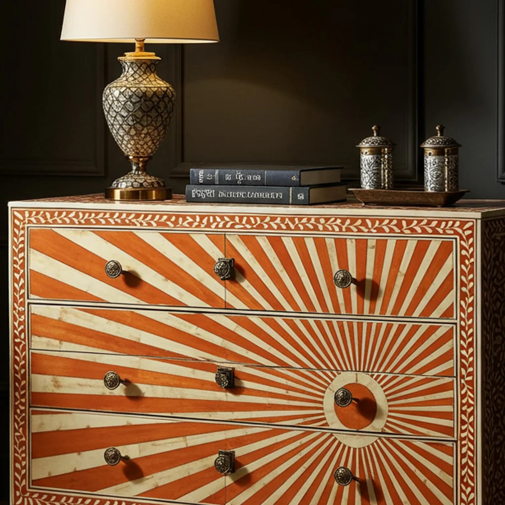 Sunburst Pattern Hand-Painted Chest of Drawers | Luxury Handmade Dresser