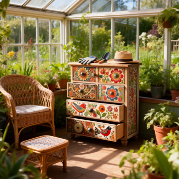 Hand-Painted Vintage Bohemian Accent Chest - 6-Drawer Floral & Bird Apothecary Cabinet - Rustic Hand-Carved Wood Storage Dresser
