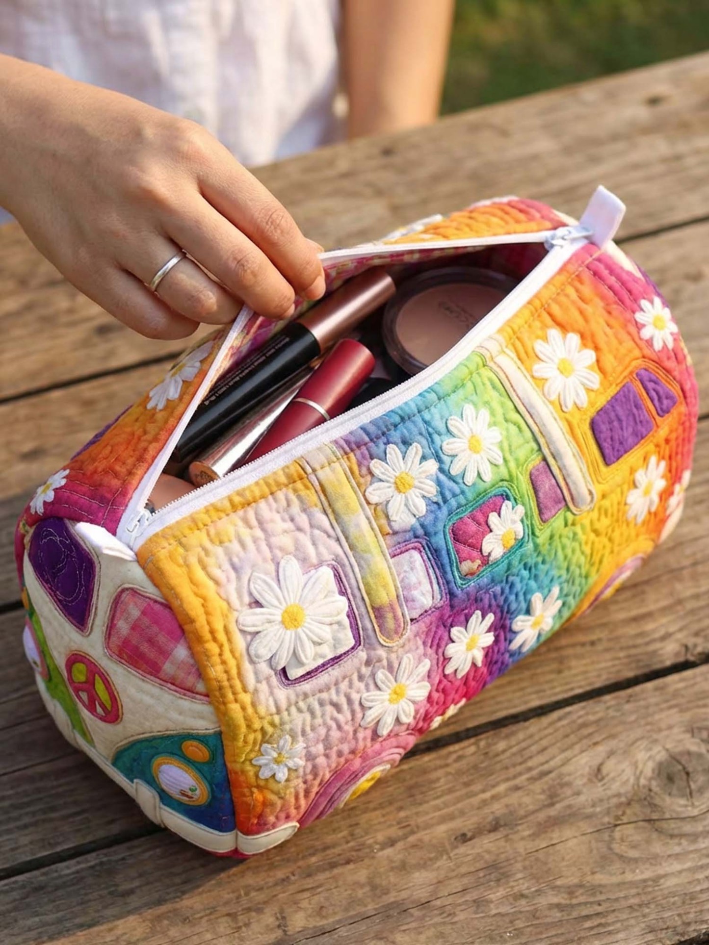 Hippie Party Bus Cotton Quilted Cosmetic Bag