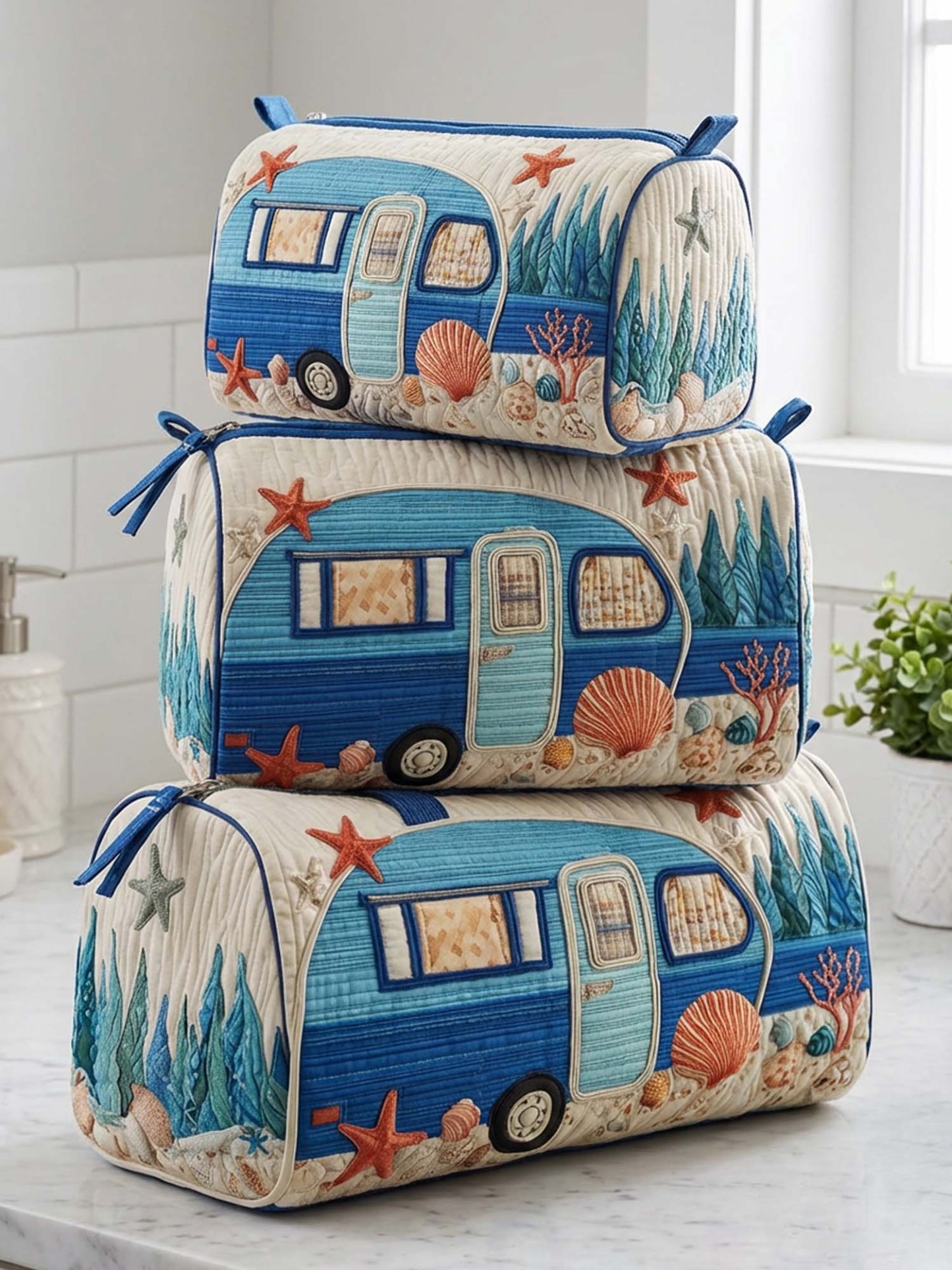 Ocean Camping Trailer Cotton Quilted Cosmetic Bag