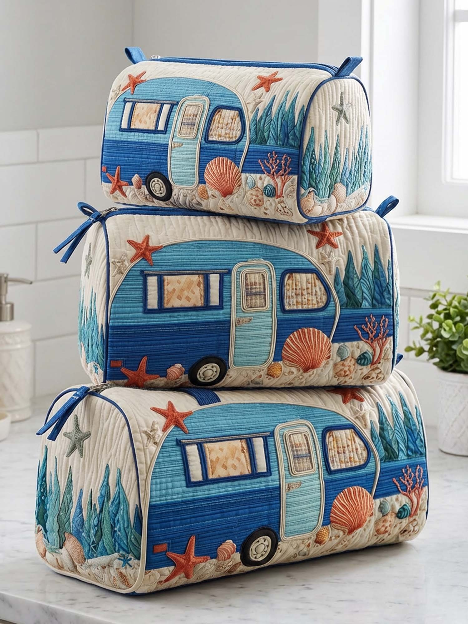Ocean Camping Trailer Cotton Quilted Cosmetic Bag
