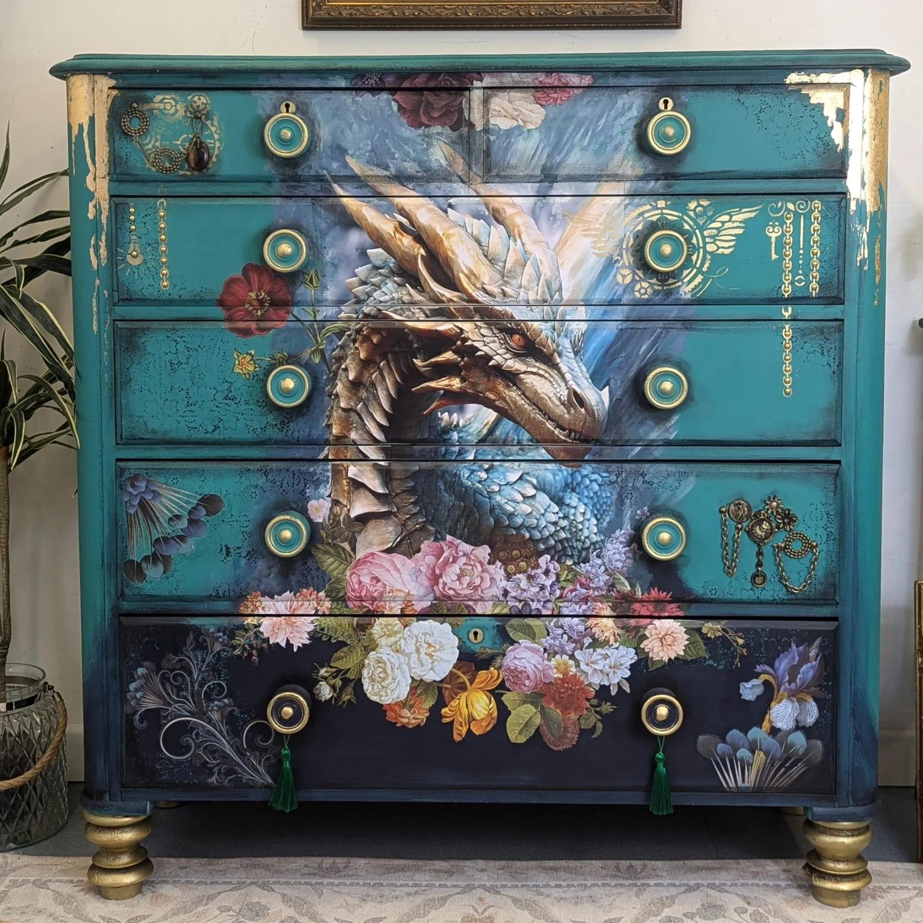 Fantasy Dragon Mythical Beast Hand-Painted Teal Floral Art Locker